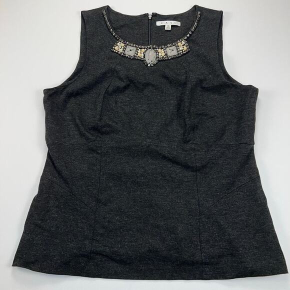 CAbi The Glitz Charcoal Gray Jeweled Neckline Sleeveless Shell Top Size 14 - Picture 2 of 11